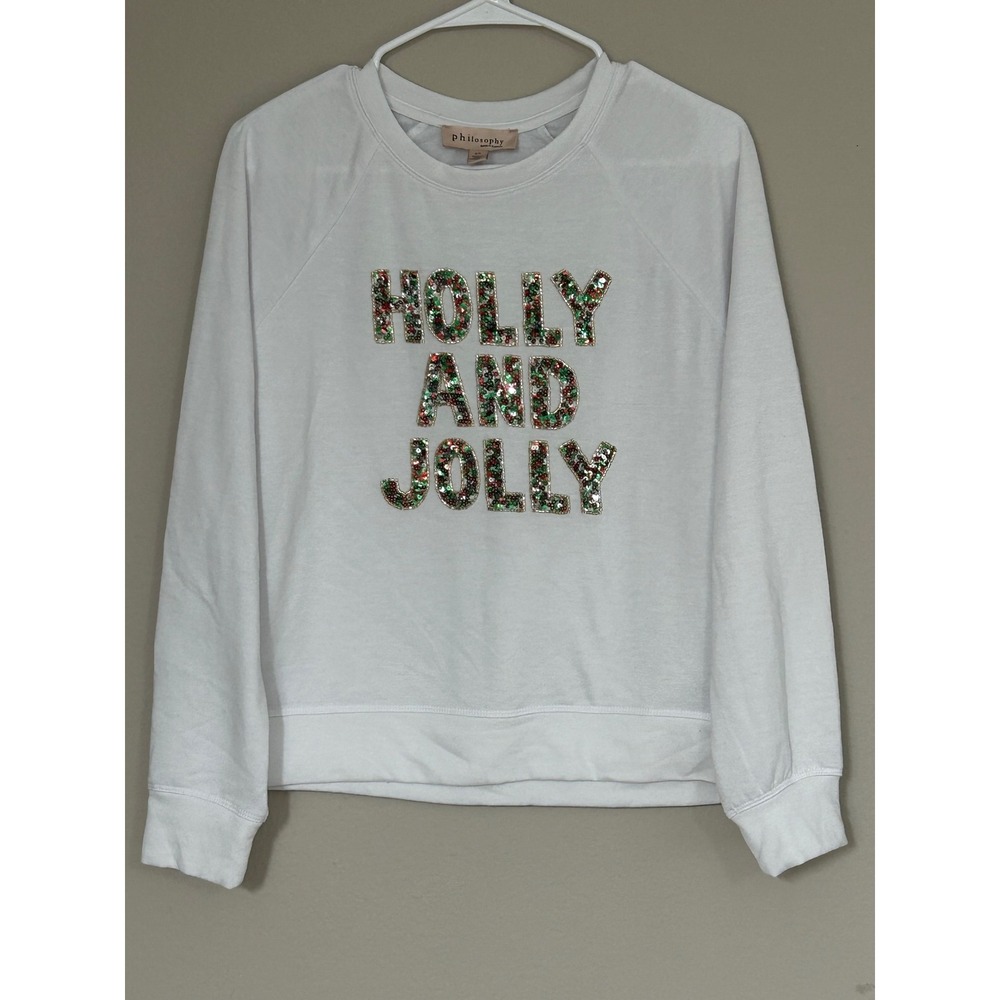 Philosophy Republic Clothing Holly and Jolly Sequin Christmas Sweatshirt White S